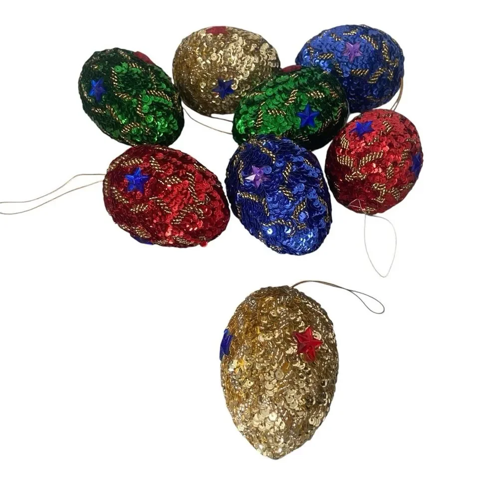 8 Christmas Tree Ornaments Pine Cone Handmade Sequins Beaded Blue Gold Red Green